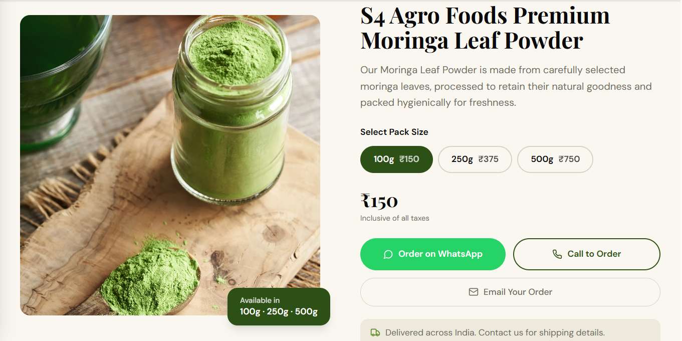 S4 Agro Foods premium moringa leaf powder product